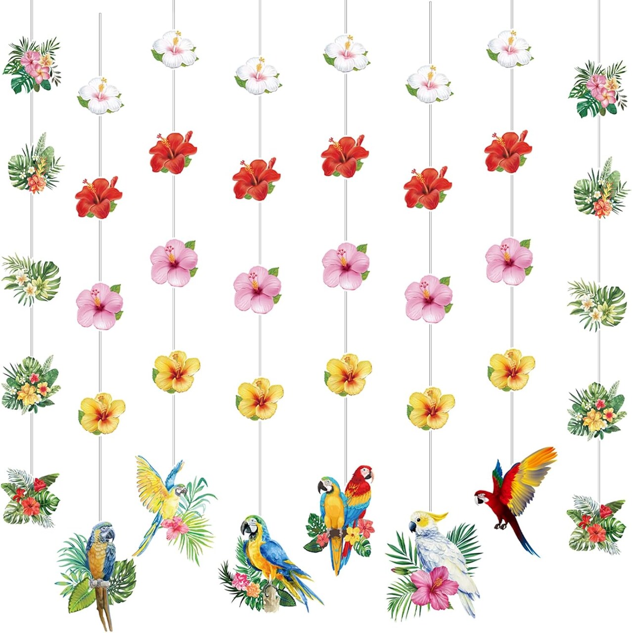 Hawaiian Party Decorations – Tropical Flower and Parrot Garland, Hanging Banner for Luau, Beach, Pool, Tiki, and Jungle Summer Party